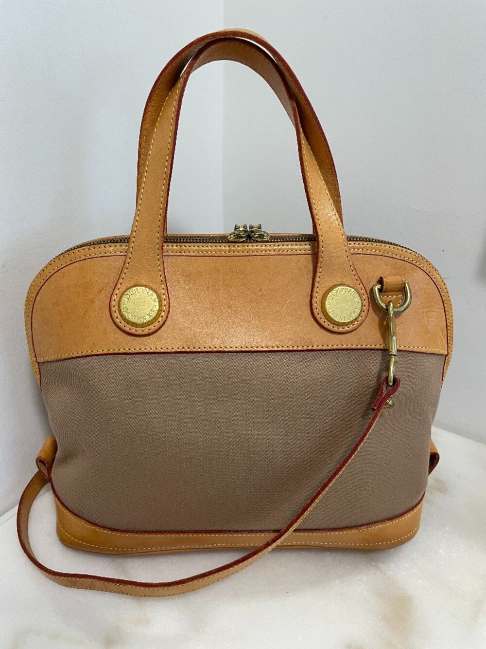 Dooney & Bourke Vintage CABRIOLET Dome Satchel/Crossbody Tan Canvas & Leather - Picture 2 of 16
